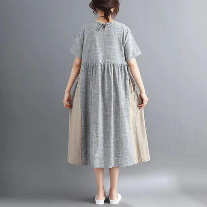 Striped Midi Cotton Linen Dresses Traveling Dress Short Sleeve Tie Waist V Neck Cotton Linen Clothing