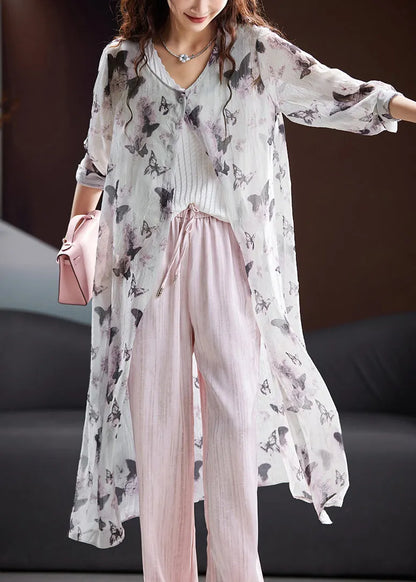 Organic Grey O Neck Print Chiffon Upf 50+ Coat Summer