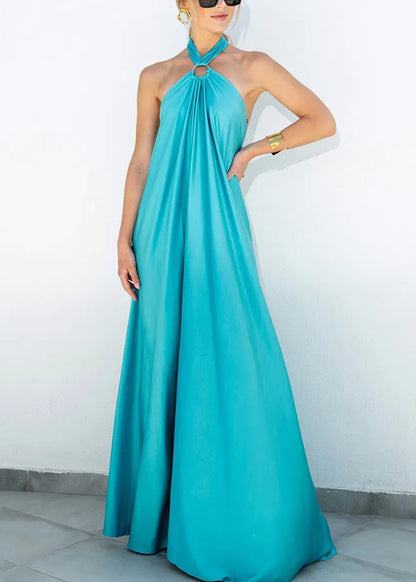 Stylish Blue Backless Lace Up Cotton Maxi Dresses Sleeveless