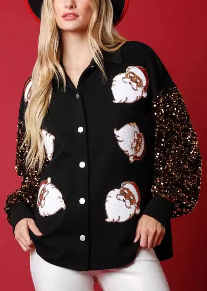 Black Embroidered Santa Claus Patchwork Cotton Shirts Winter