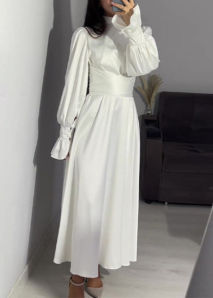 French Pink Tie Waist Slim Fit Puff Sleeve Silk Dresses