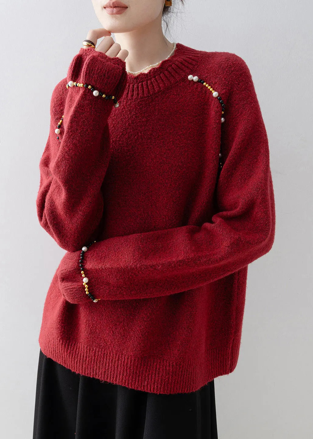 Red O Neck Nail Bead Knit Sweater Spring
