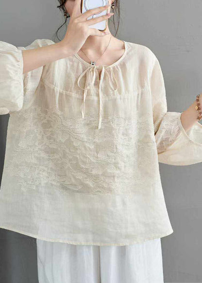 Retro Green Embroidery Lace Up Linen Top Summer