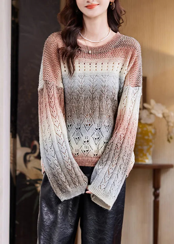 Coffee O-neck Print Cotton Knit Sweater Fall