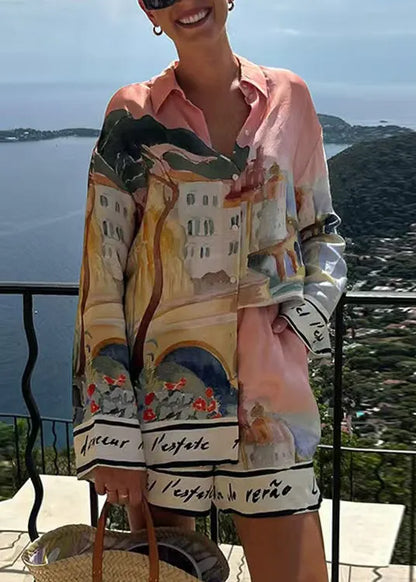 New Pink Print Shirts and Shorts Ice Silk Two Pieces Set Summer