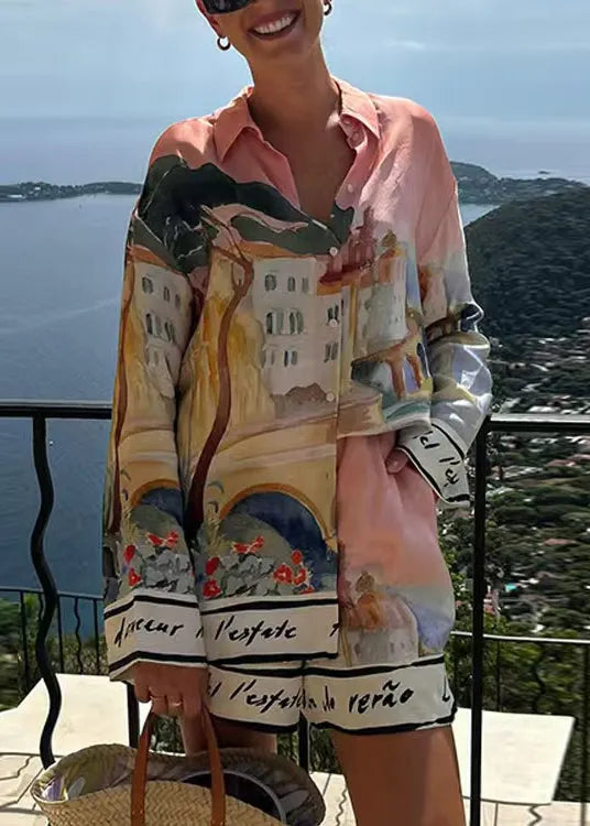 New Pink Print Shirts and Shorts Ice Silk Two Pieces Set Summer