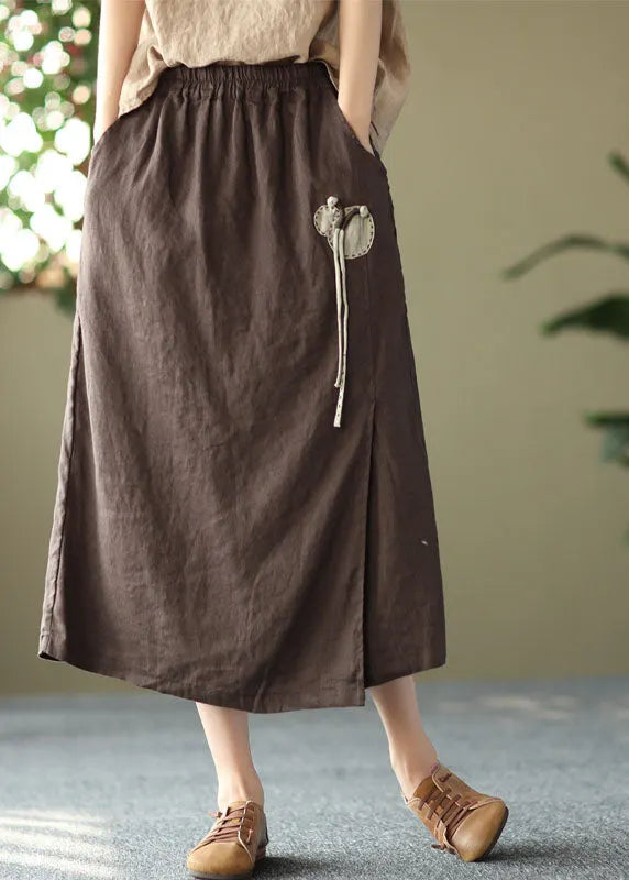 Chocolate Elastic Waist Side Open Linen a Line Skirts Summer