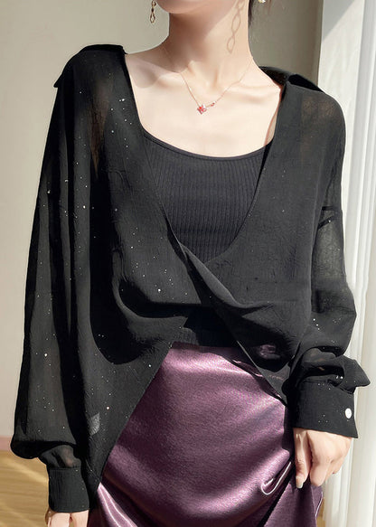 Black Peter Pan Collar Chiffon Blouses Fall