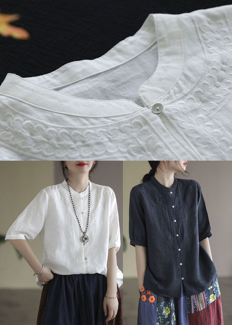 Navy Cotton Shirts Stand Collar Embroidered Half Sleeve