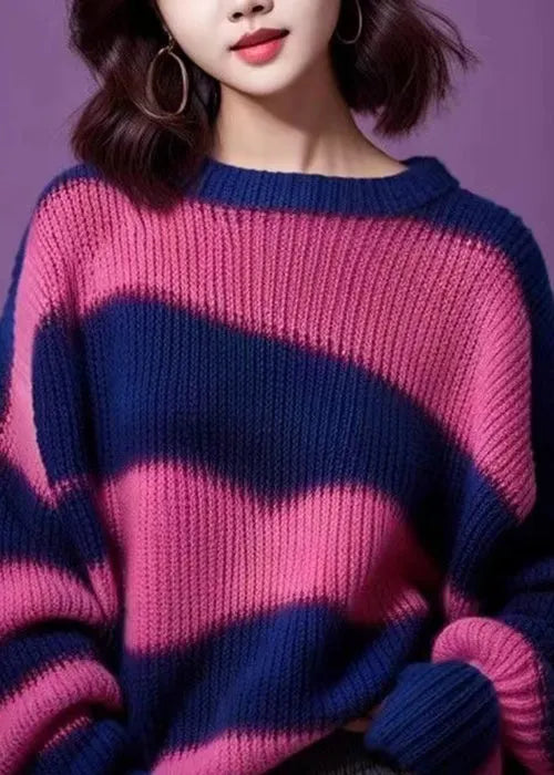 Purple O Neck Thick Patchwork Knit Sweater Winter