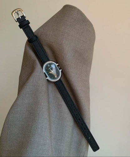 Modern Grey Leather Zircon Reinforced Glass Watches