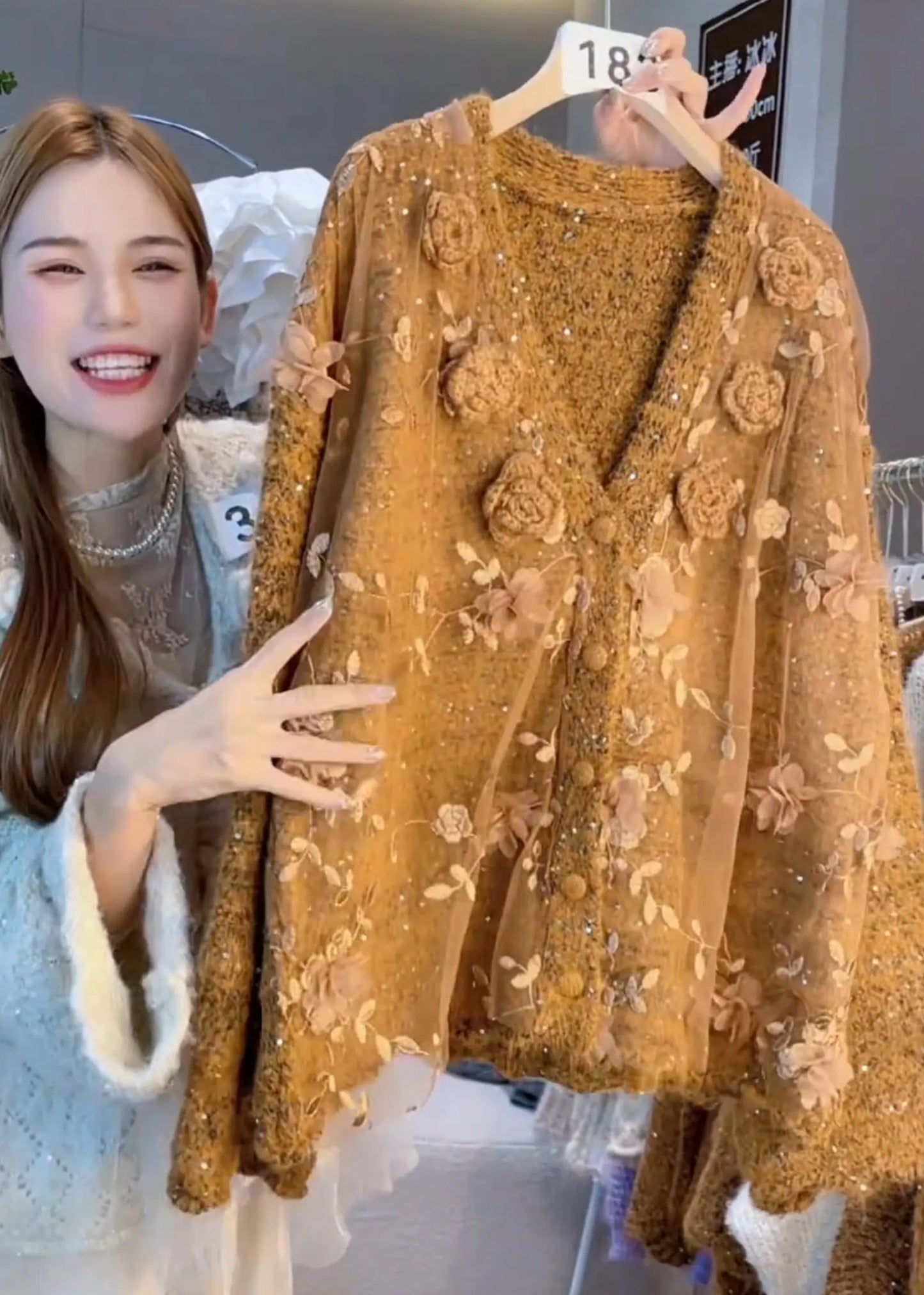 Caramel Oversized Decorated Knit Cardigan Winter