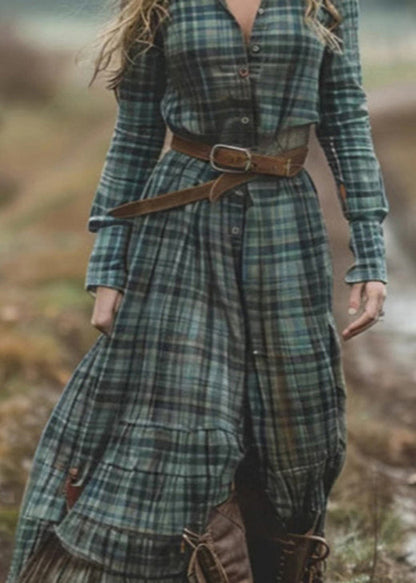 Green V Neck Plaid Button Chiffon Long Dress Fall