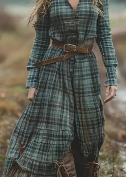 Green V Neck Plaid Button Chiffon Long Dress Fall