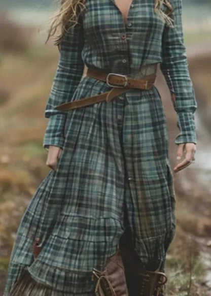 Green V Neck Plaid Button Chiffon Long Dress Fall