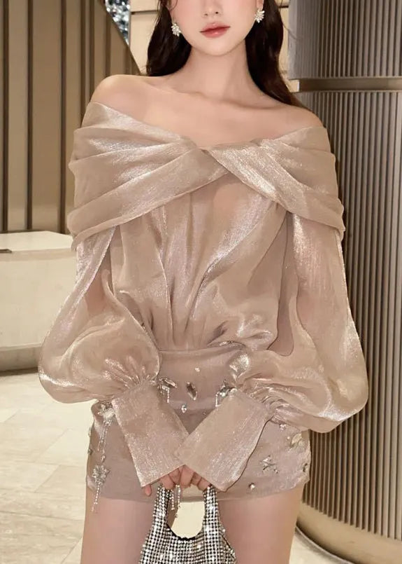 Champagne Color Slash Neck Zircon Silk Mid Dress Fall