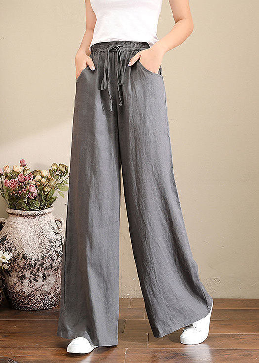 French Orange Flower Elastic Waist Pockets Linen Wide Leg Pants Summer