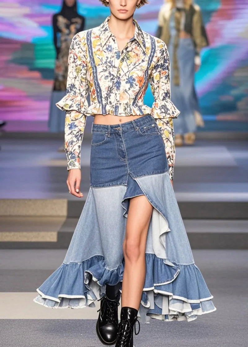Blue Ruffles Patchwork Side Open Denim Skirts Spring