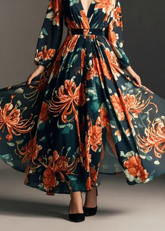 Black Cinched Print Chiffon Party Dress Fall