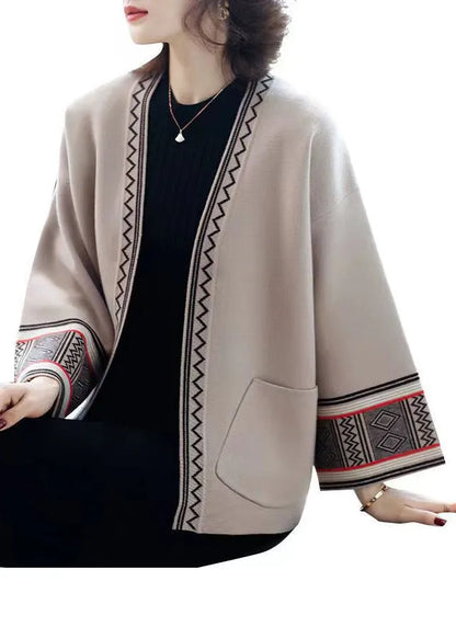 Camel V Neck Print Pockets Patchwork Knit Cardigans Fall