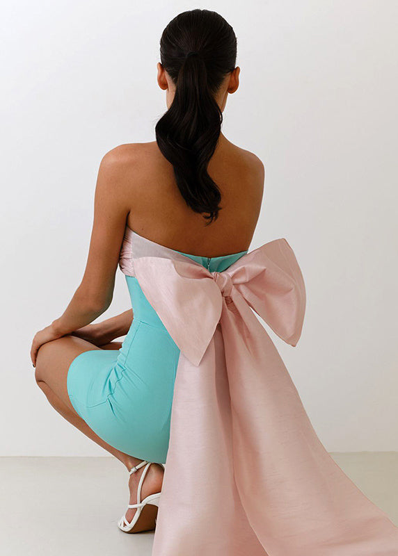 Colorblock Cold Shoulder Bow Patchwork Strapless Dress Summer