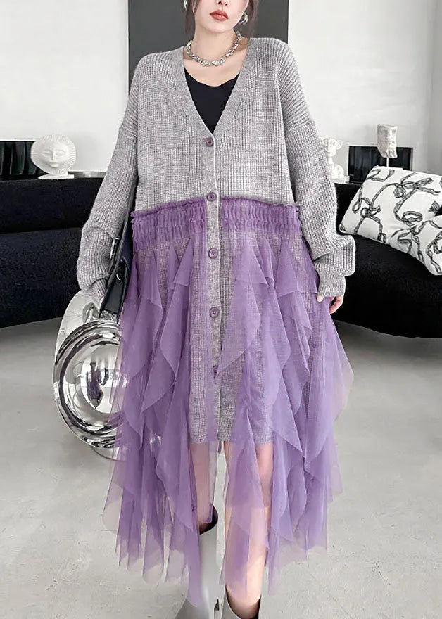 Grey V Neck Tulle Patchwork Knit Cardigans Fall