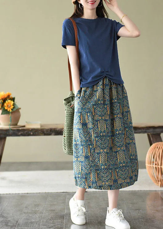 Blue Elastic Waist Pockets Print Linen Skirts Summer