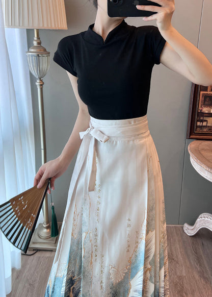 White High Waist Print Satin Pleated Skirts Summer