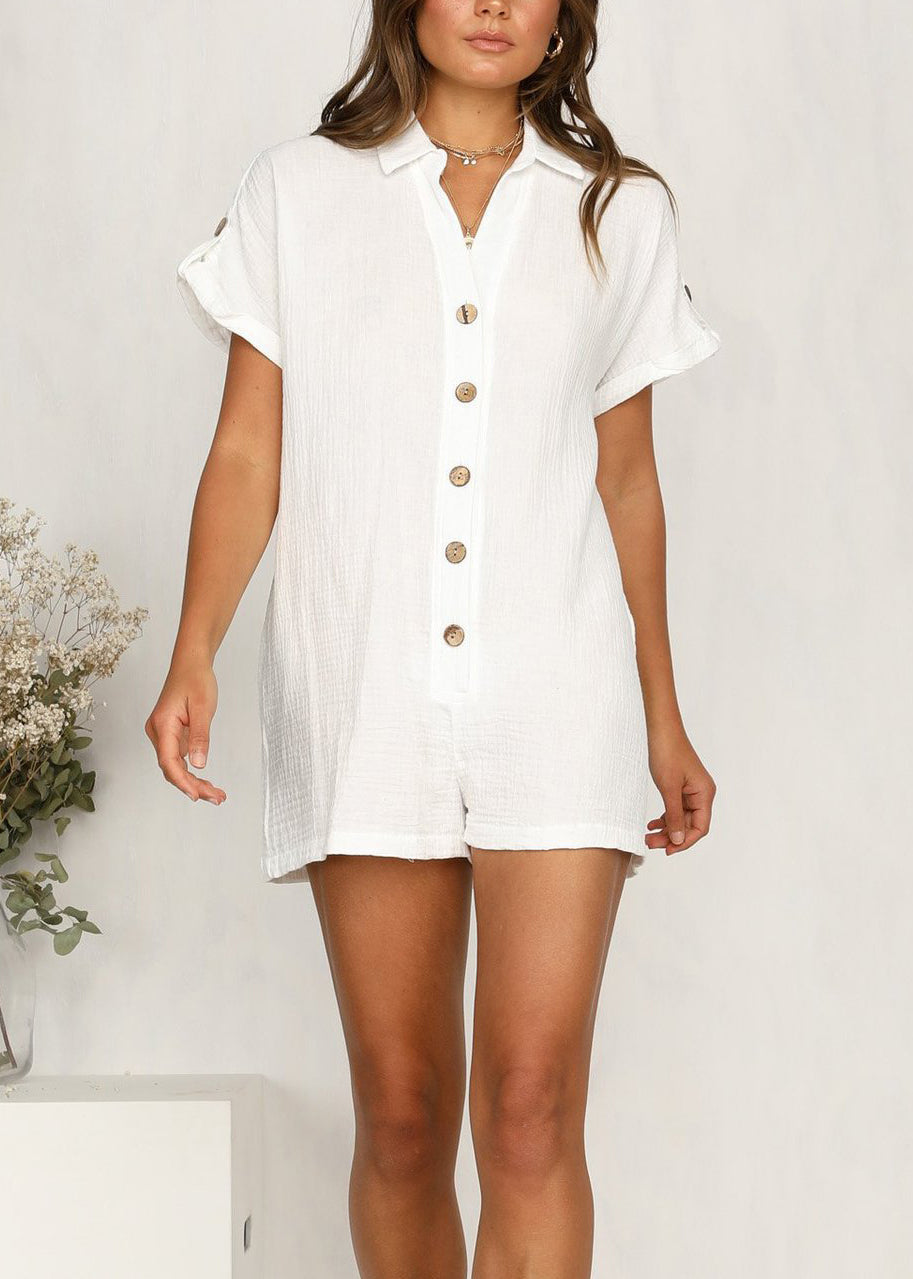 European and American Style White Button Cotton Jumpsuits Summer