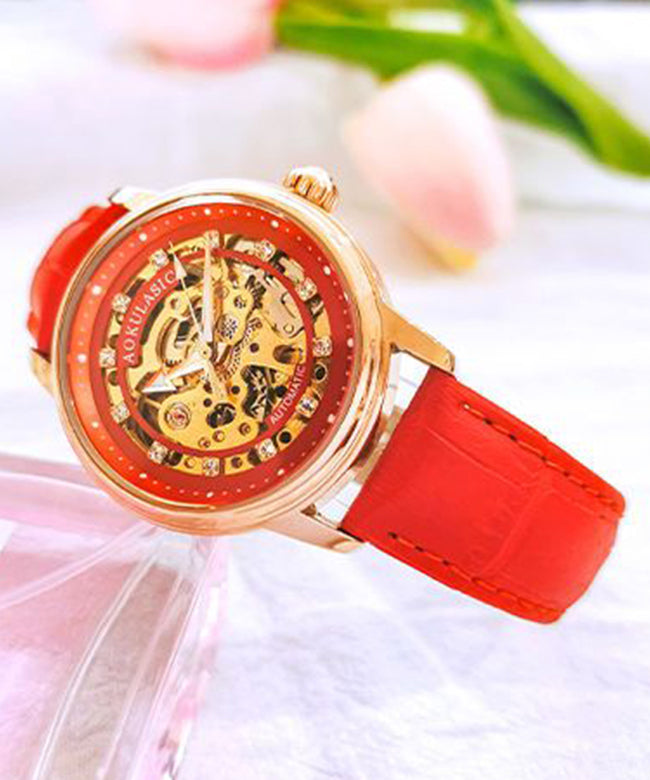 Red Stainless Steel Sapphire Crystal Patchwork Dermis Zircon Hollowed Out Watch