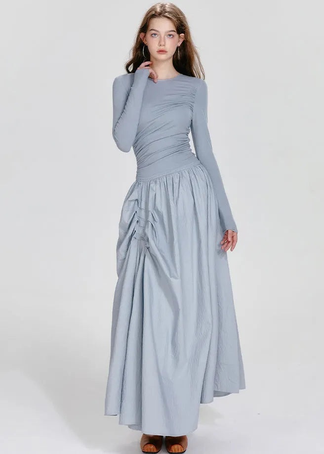 French Blue O-neck Asymmetrical Wrinkled Maxi Dresses Fall