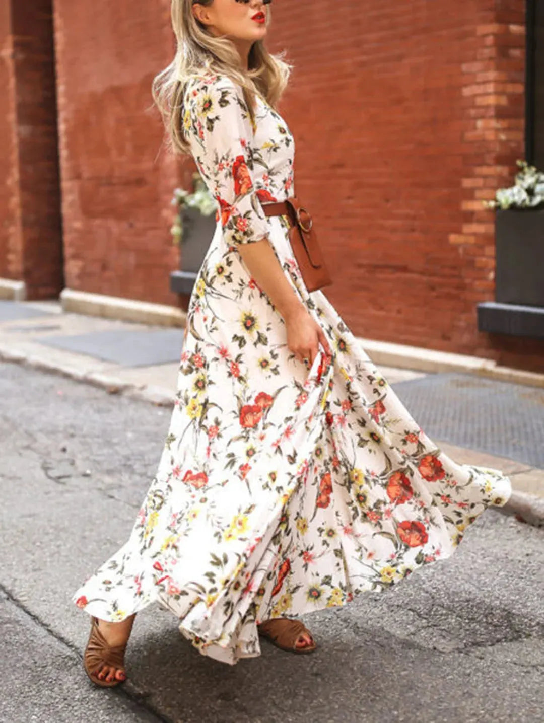 Pattern Crew Neck Maxi Dress Lantern Sleeve