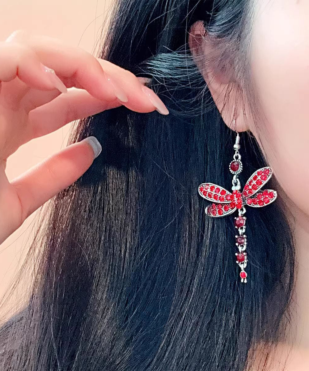 Red Alloy Zircon Dragonfly Drop Earrings