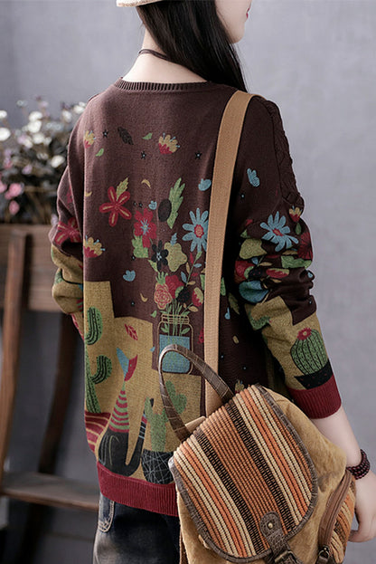 New Printed Knit Sweater Round Neck Loose Sweater