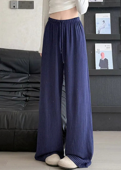 Italian Beige Elastic Waist Striped Linen Straight Pants Spring