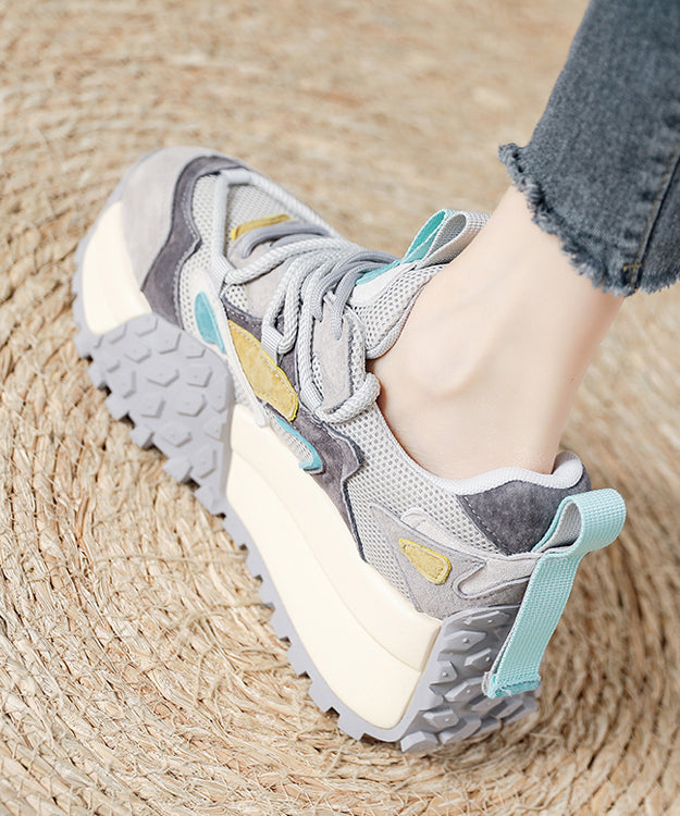 Pink Suede Breathable Mesh Splicing Platform Flat Shoes for
