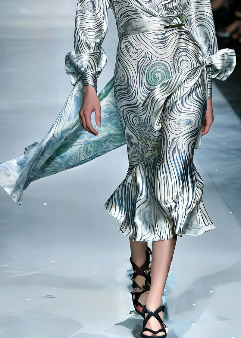 Grey Asymmetrical Striped Silk Robe Dresses Spring