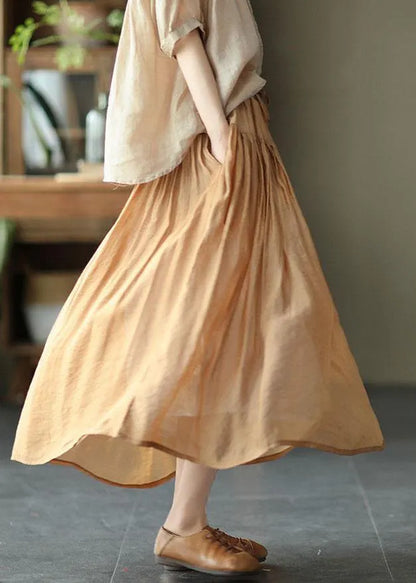 Khaki Retro Circle Summer a Line Linen Skirt