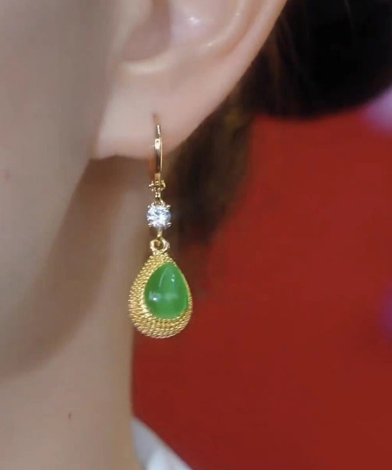 New Green Sterling Silver Overgild Zircon Jade Durian Drop Earrings