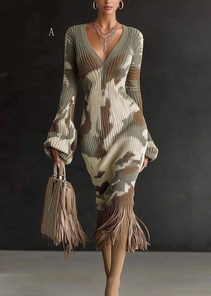 V Neck Tassel Patchwork Knitted Sweaters Dress Winter