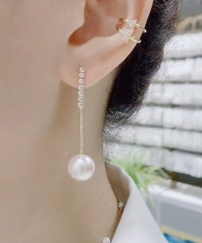 Gold Sterling Silver Overgild Zircon Pearl Tassel Drop Earrings