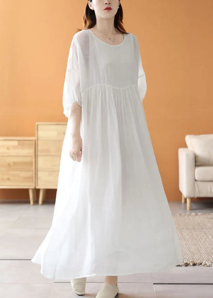 Loose White O Neck Wrinkled Patchwork Linen Long Dresses Summer