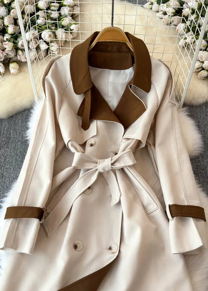 Beige Notched Pockets Button Tie Waist Long Trench Coats Spring