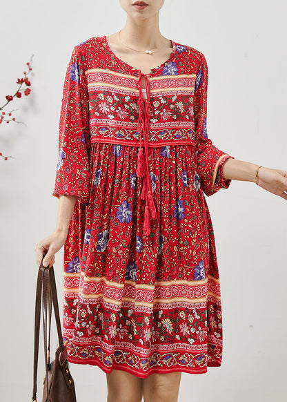 Red Tasseled Print Cotton Mini Dresses Fall