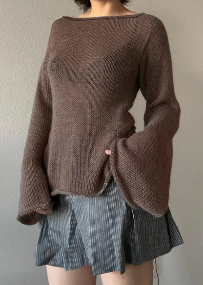 European and American Coffee Backless Lace Up Flared Sleeve Knit Top