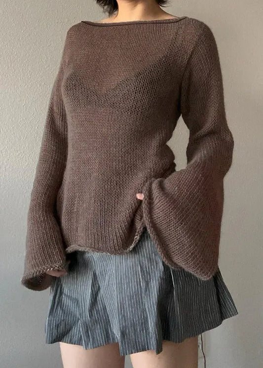 European and American Coffee Backless Lace Up Flared Sleeve Knit Top