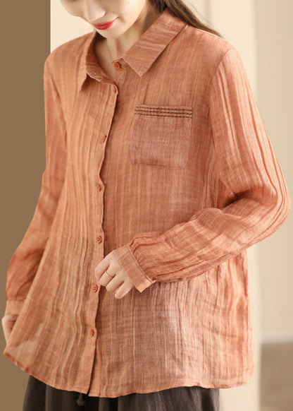 Yellow Peter Pan Collar Button Linen Blouses Long Sleeve