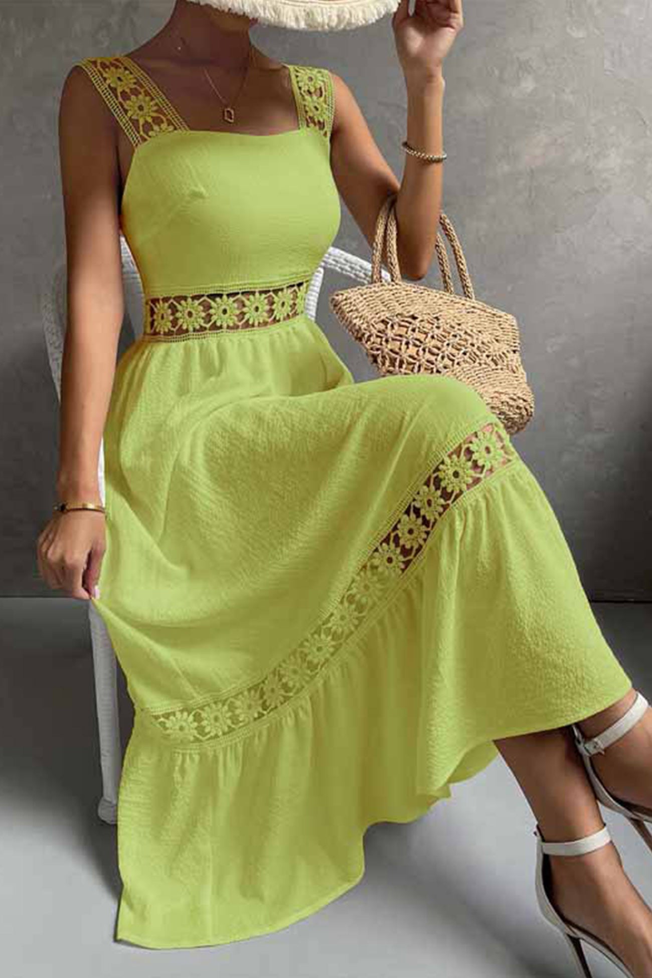Jacquard Hollow Out Tiered Midi Dress
