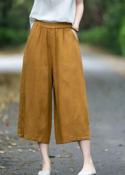Yellow Oversized Pockets Linen Pants Summer