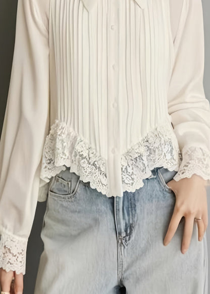Art White Button Lace Chiffon Blouses Spring